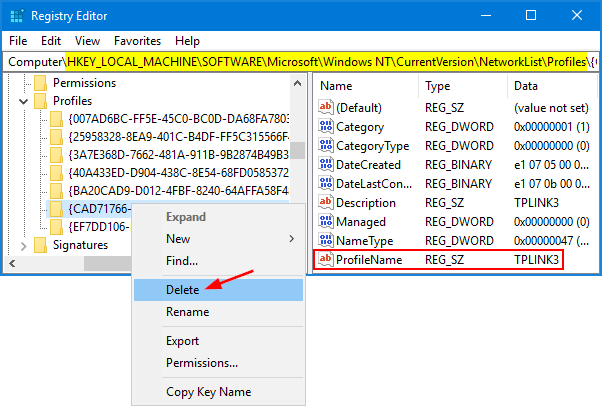 Delete user profile registry key